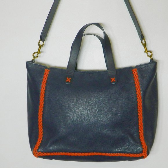 Tory Burch $595 33007 Softy Whipstitch Medium Leather Tory Navy Tote - Picture 4 of 9